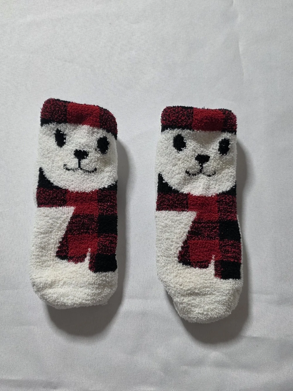 Snoozie's! Kids Cozy Polar Bear Slipper Socks in Red Plaid